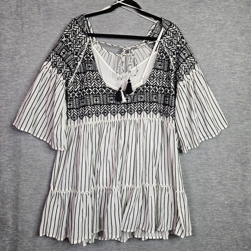 Free People Lola Black White Stripes Boho Dress Sz S Embroidered Bell Sleeve NEW - Picture 3 of 14